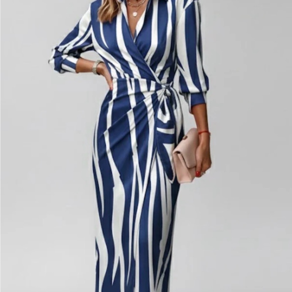 Chic Navy and White Striped Wrap Dress